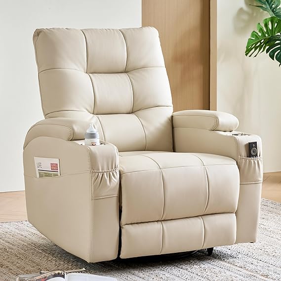 AIRSKY Genuine Leather Recliner Chair, Swivel Recliner Chair, Beige | Top Grain Leather, 360° Swivel & 30° Rocking, Manual Single Recliner Armchair with Stainless Steel Cup Holder for Living Room