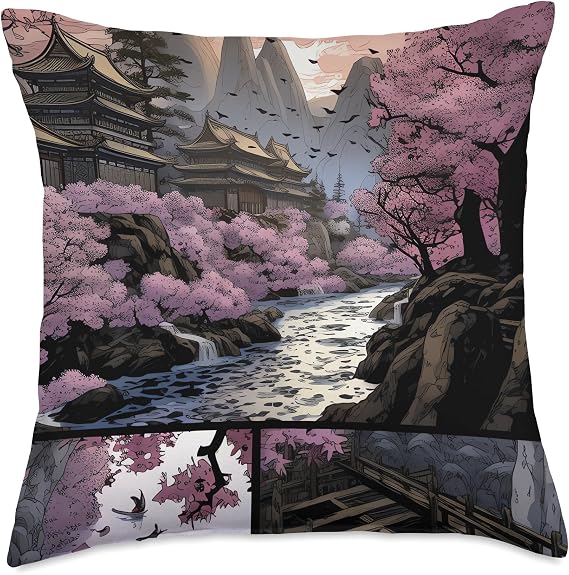 Comic Box Sakura Petal Whispers in Bloom A Comic Book Cherry Blossom Epic Throw Pillow, 18x18, Multicolor