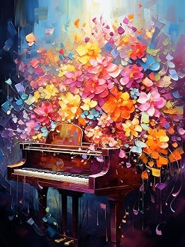 Zariocy 5D Diamond Art Kits for Adults Piano Flowers, DIY Paint with Diamond Art Flower Round Full Drill Crystal Diamond Paintings Arts Craft for Home Office Wall Decor 12x16 inch