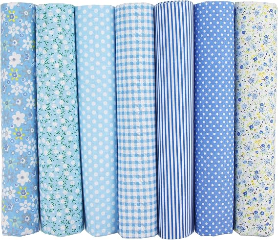 7PCS Fat Quarters Fabric Bundles, 20"x20" Precut Quilting Cotton for Sewing, Patchwork, DIY Crafts & Embroidery, Soft, Durable Material for Sewing (Blue)