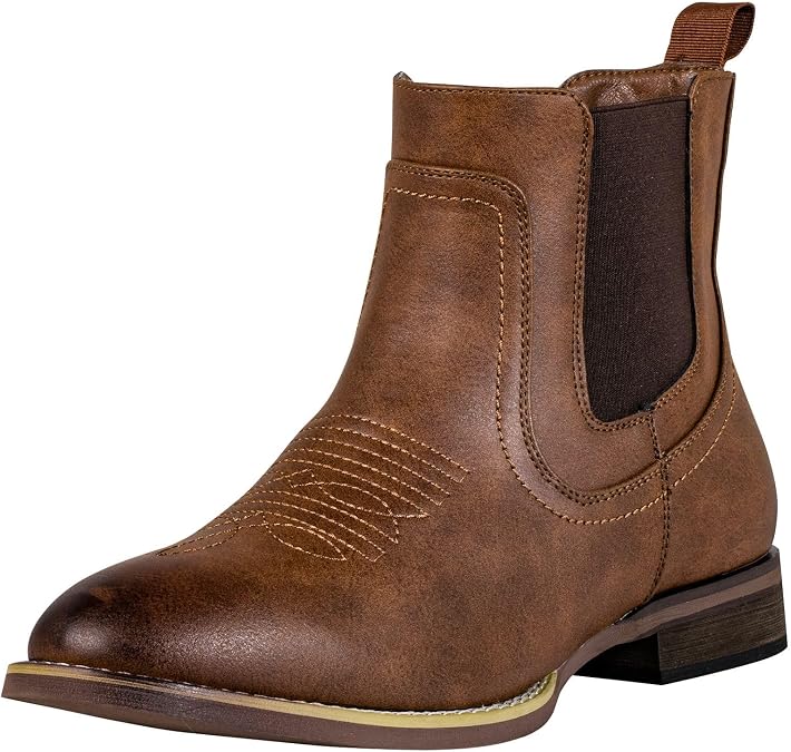 J's.o.l.e Chelsea Cowboy Boots for Men Western Round Toe PU Leather Dress Casual Work Ankle Boots Brown