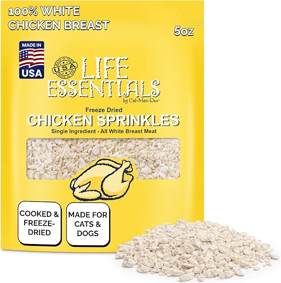 Life Essentials by Cat-Man-Doo | Freeze Dried Chicken Sprinkles| 5oz Bag | Cooked & Freeze Dried Chicken Sprinkles for Cats & Dogs, Healthy, Premium, High Protein, Meal Topper or Treat, Made in USA