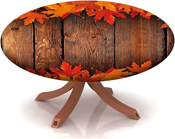 Fall Pattern Round Table Cover,Elastic Edge,Suitable for Catering and Kitchen Can Wipe Dining Round Table coverr,for 57" to 68" Round Tables,Brown Orange
