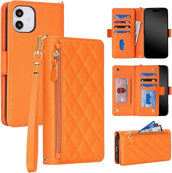 Phone Wallet for iPhone 11 Purse Case with Strap,6.1",Rhombus- Orange