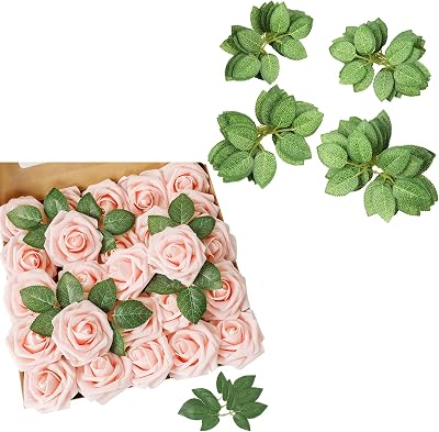 AmyHomie 25pcs Blush Pink Rose wStem and 40pcs Leaves for DIY Wedding Bouquets Centerpieces Arrangements Party Baby Shower Home Decorations