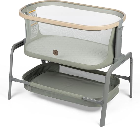Maxi-Cosi Iora Baby Bassinets Bedside Sleeper, Portable Bassinet, Infant Bedside Sleeper Crib, Height Adjustable, Breathable Mesh, Large Storage Basket, Classic Green
