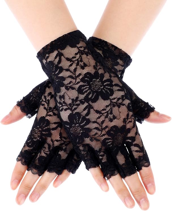Skylety Lace Gloves Women Fingerless Gloves for Tea Party | 1920s Sunblock Fingerless Bridal Short Floral Sunblock Gloves for Wedding Opera Tea Party