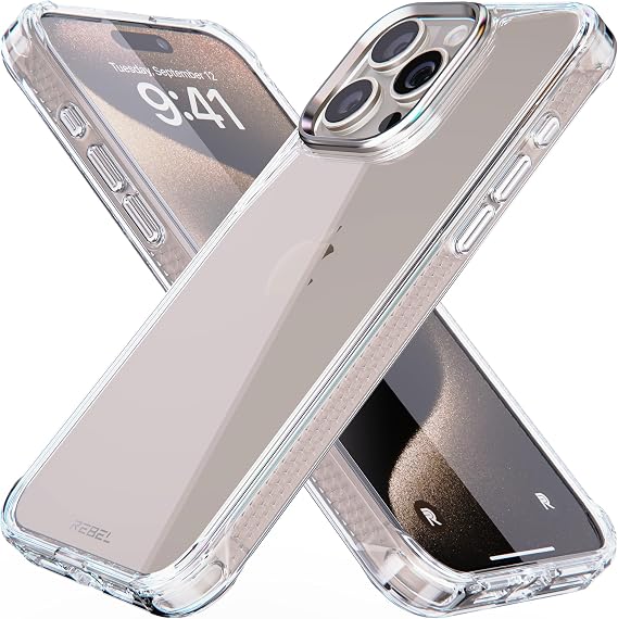 REBEL Clear Case for iPhone 15 Pro Max [Crystal Series Gen-5] Transparent, Dual Anti-Scratch, Non-Yellowing PC, Protective Shockproof Bumpers, Metal Lens & Buttons, 6.7 Inch Phone 2023 (No Magnet)