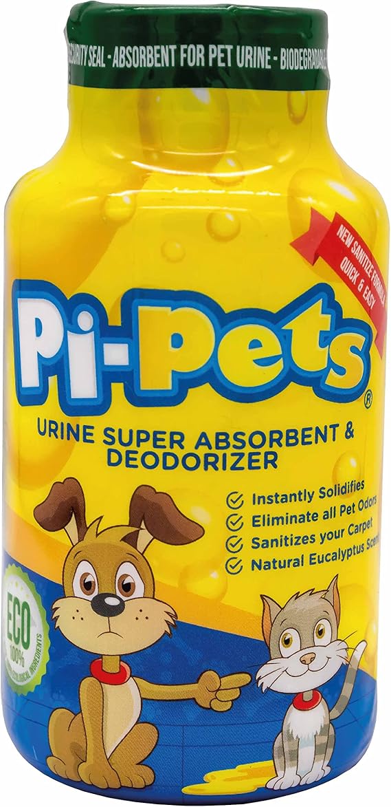 PI-Pets: Pet Urine Super Absorbent Solidifier & Deodorizer Powder Natural Eucalyptus Scent - Bio Gel Gelling Agent - Urine Odor Remover + Oxy Cleaning - 100% Eco Friendly 7.76 Oz PiPets