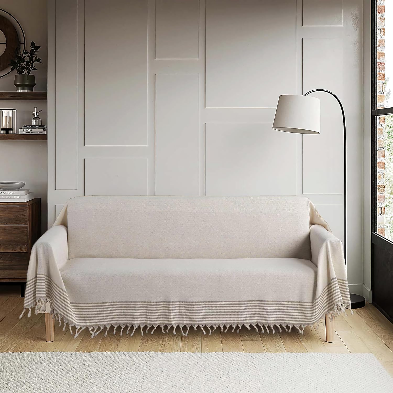 Bumedo Natural Buldan Work Sleeves Covering Non-Slip Sofa Sofa Sofa Sofa Cover 180x300 cm Cotton Woven Cream Coffee