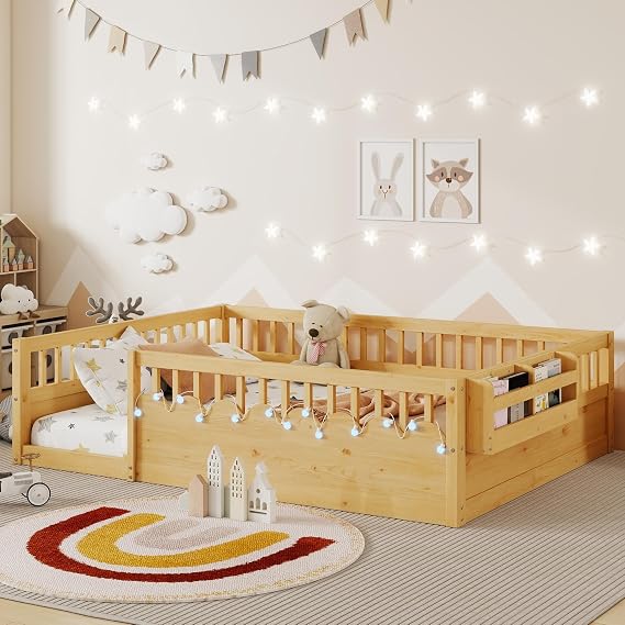 Montessori Floor Bed Full Size,Toddler Floor Bed Frame with High Safety Fence Rails, Solid Pine Wood,Built-in LED Light, Easy Assembly,No Box Spring Needed,Without Slats (Natural, Full)