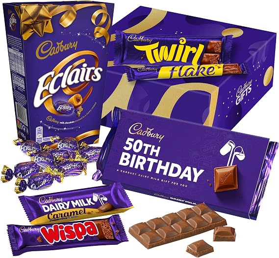 Cadbury "Happy 50th Birthday" Chocolate Gift - Full Size Cadbury Chocolate Bars including Flake, Caramel, Twirl, Dairy Milk and More.