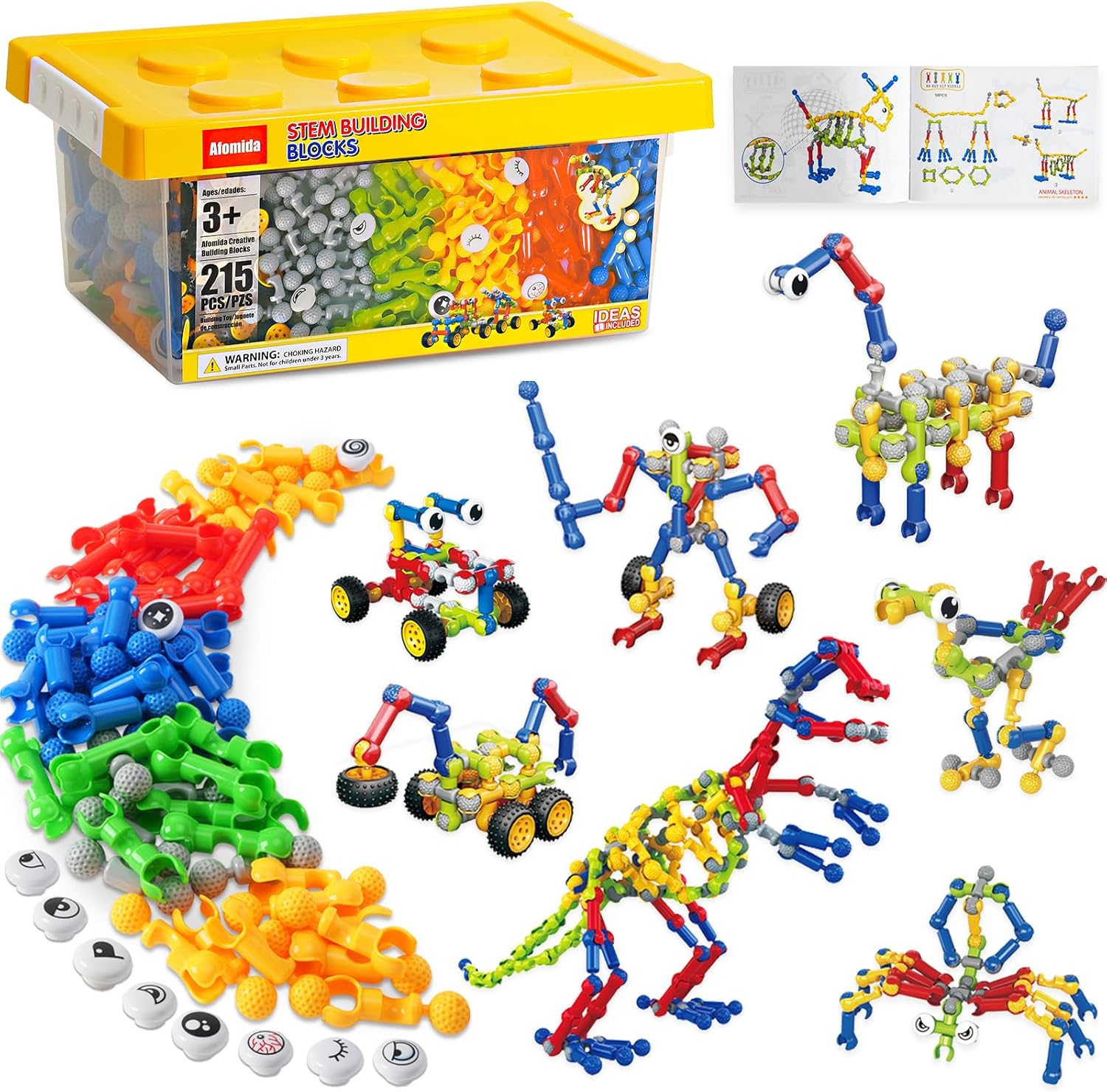 Afomida 215-STK Creative Building Block Playset with Storage Includes Dinosaur Robot Car Spider Educational Toy for Children Birthday Gift for Children Boys and Girls from 5 Years