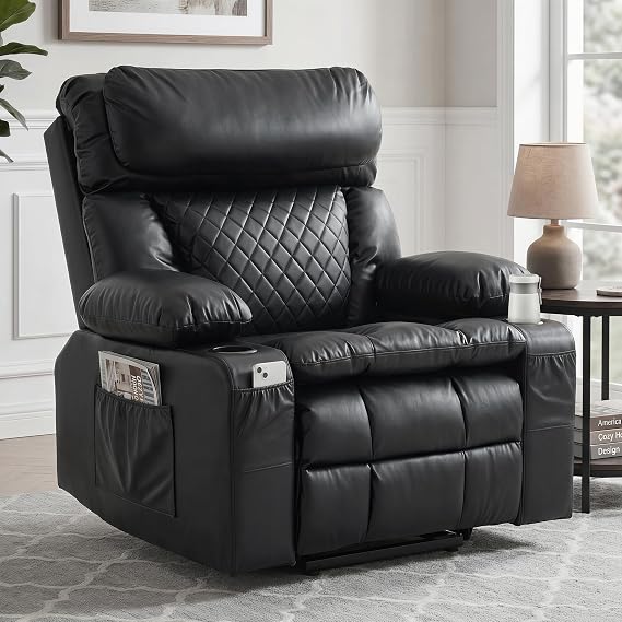 Dual Motor Power Lift Recliner Chair with Massage and Heat for Elderly People, Infinite Position, Flip-up Armrest Storage, USB Ports, Cup Holders, Side Pocket, Air Leather, Black
