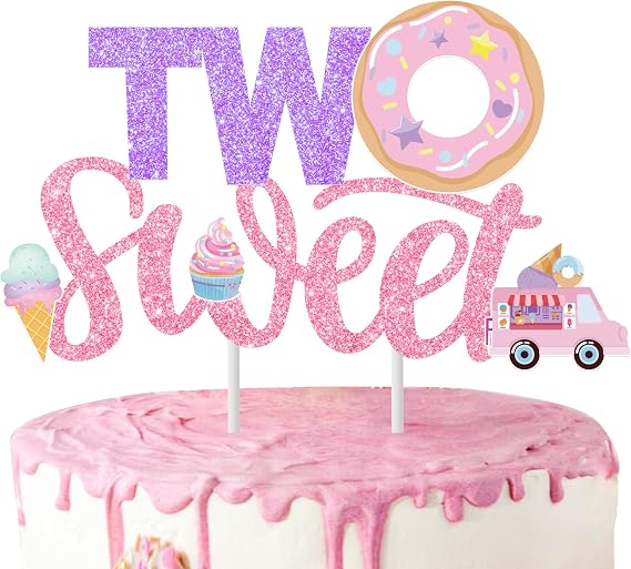 Two Sweet Party Cake Topper Donut 2nd Birthday Party Decorations Donut Ice Cream Party Cake Topper Decor for Sweet Dessert Theme Birthday Party Baby Shower Supplies