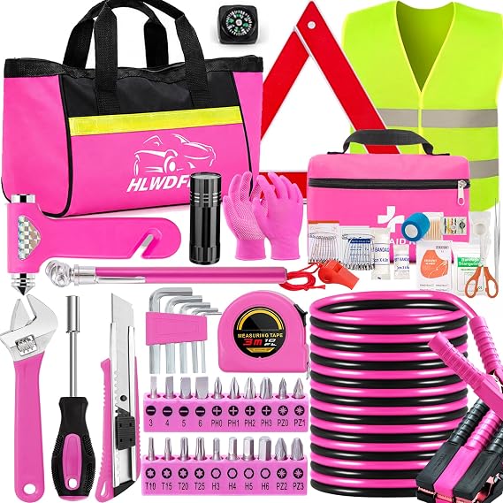 Car Roadside Safety Kit - 129pcs Pink Winter Emergency Road Side Assistance Kits Auto Essential Kit for Men, Women, Teen