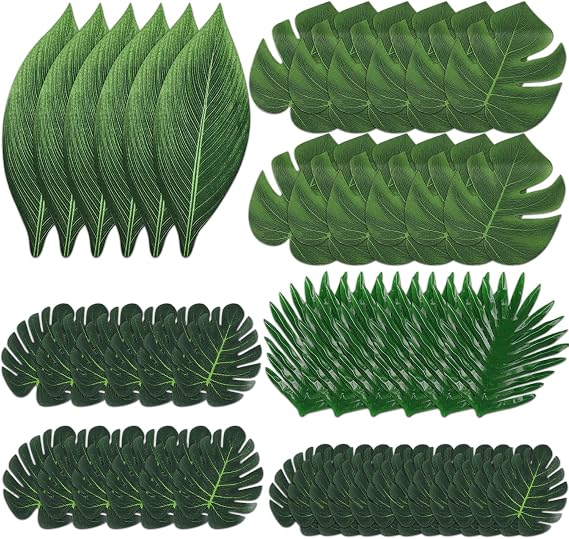 Artificial Palm Leaves 48 Pcs Artificial Monstera Leaves Fake Jungle Tropical Leave Decoration for Hawaiian Jungle Theme Tropical Party Decorations, Table Decorations