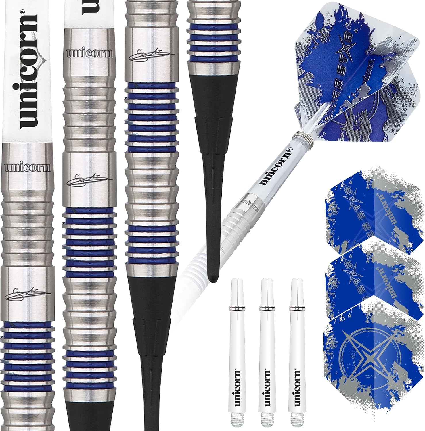 Unicorn Soft Tip Darts Set - Gary 'The Flying Scotsman' Anderson Silver Star - 80% Natural Tungsten Barrels with Blue Accents - 17 g, 18 g, 19 g or 20 g