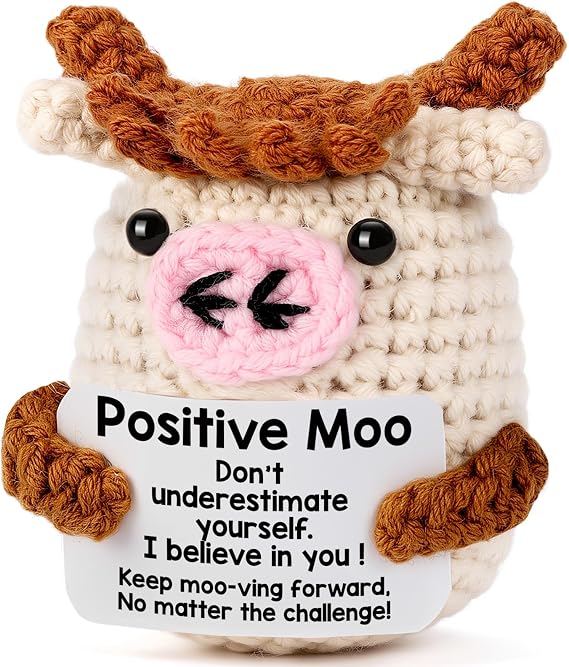 Positive Moo Birthday Gift for Women Men - Handmade Crochet Cow | Funny Cheer Up Support Stress Relief Gifts for Coworker Best Friend Sister Mom Dad Daughter Son - Christmas Stocking Stuffer
