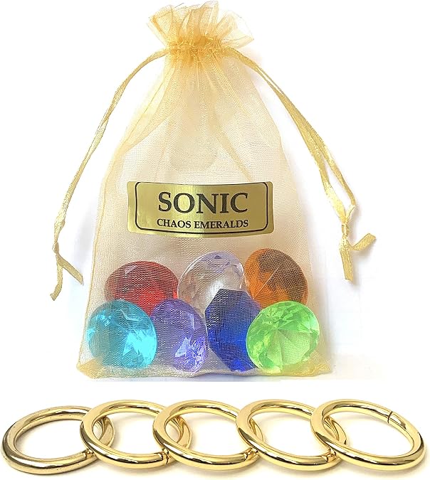 Toys Sonic 7 Chaos Emeralds Gems & 5 Gold Power Rings - By AAA WORLD