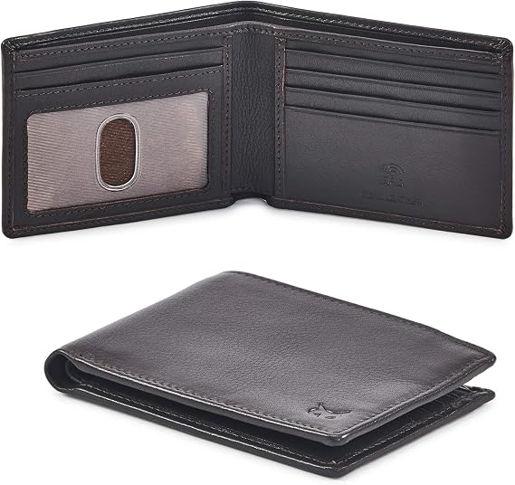 Real Leather Mens Bifold Wallet RFID Blocking Slim Minimalist Front Pocket - Thin & Stylish with ID Window in Gift Box (Nappa, Dark Chocolate)
