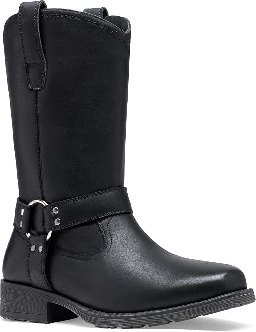 Jousen Cowboy Boots for Men Leather Harness Square Toe | Retro Western Style Easy Pull-On Design Strap & Buckle Detail Engineer-Inspired Biker Motorcycle & Casual Wear
