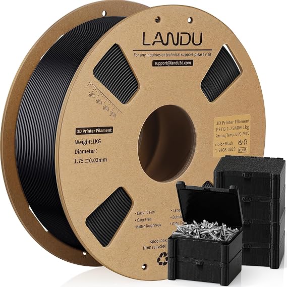 LANDU PETG Filament 1.75mm,3D Printer Filament 1kg Cardboard Spool(2.2lbs),Dimensional Accuracy +/- 0.02mm,Neatly Wound PETG 3D Printing Filament Fits for Most 3D Printers,Black PETG