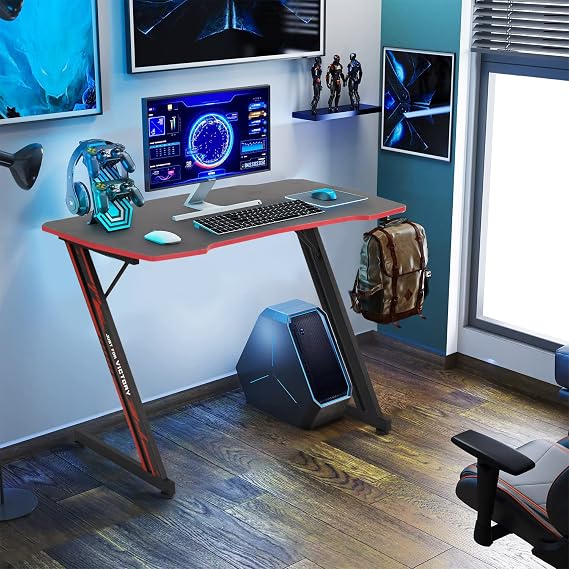 Gaming Desk 39.4'' Computer Desk Gaming Table Z Shaped Computers Workstation Pc Gamer Desk Small Computer Desk Adjustable Height with Headphone Hook, Red