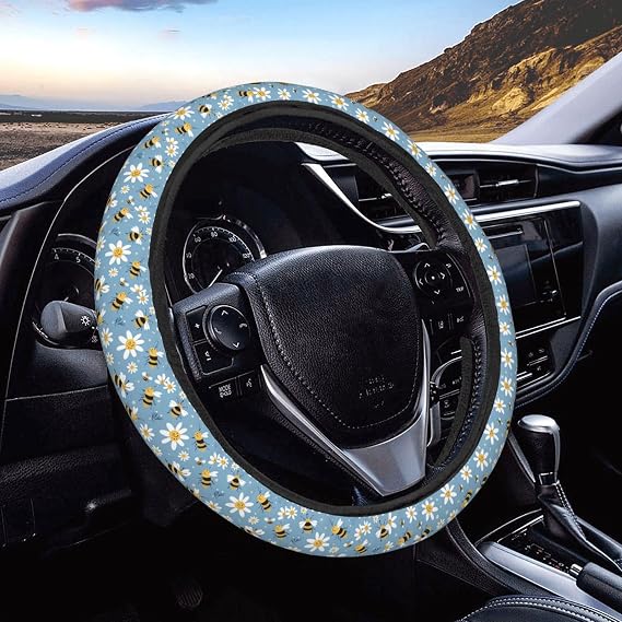 Bee Daisy Floral Blue Car Steering Wheel Cover Auto Steering Wheel Protector Anti-Slip Elasticity and Breathable Car Accessories Universal 15 Inch for Cars SUV Sedan Vans Trucks