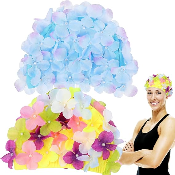 Gatuida 2pcs Flower Swim Cap for Women, Floral Petal Swimming Hat, Retro Style Fabric Bathing Cap with Embroidered Flowers for Lady Girls Long Short Hair, 7.8 X 5.5 Inch