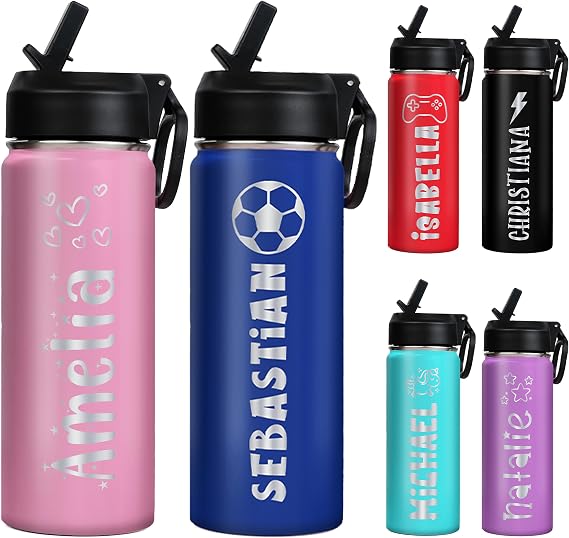 Ships from USA,Back to School Personalized Custom Kids Water Bottle Engraved With Name,Custom Insulated Stainless Steel Sports Bottle with Straw Lid,Personalized Christmas Birthday Gift for Boys Girls