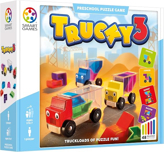 SmartGames Trucky 3 Wooden Spatial Packing Puzzle with 3 Trucks | 48 Challenges | Pack Every Piece Perfectly | Ages 3+ | STEM Logic Game