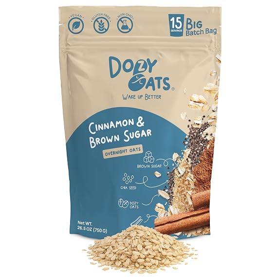 Dozy Oats Cinnamon & Brown Sugar Overnight Oats Bulk Bag, 26.5 Oz (750 g), Gluten Free Vegan Oatmeal Breakfast, High Fiber & Protein, Non GMO, No Added Sugar, 15 Servings