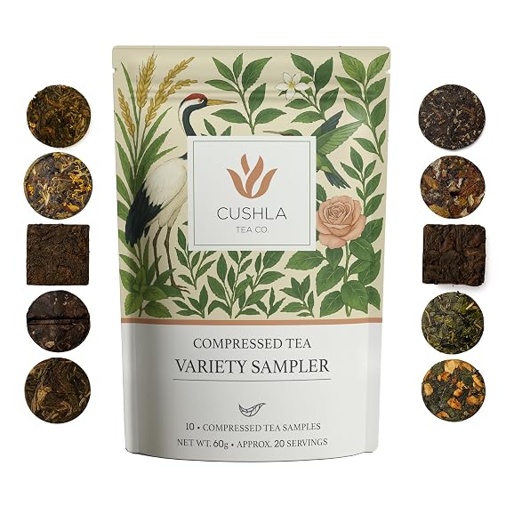 Compressed Tea Variety Pack - 10 Unique Flavors, Individually Wrapped Tea Coins - Pu-erh, Green, White & Black Tea Sampler with Jasmine, Mint, Rose & Citrus