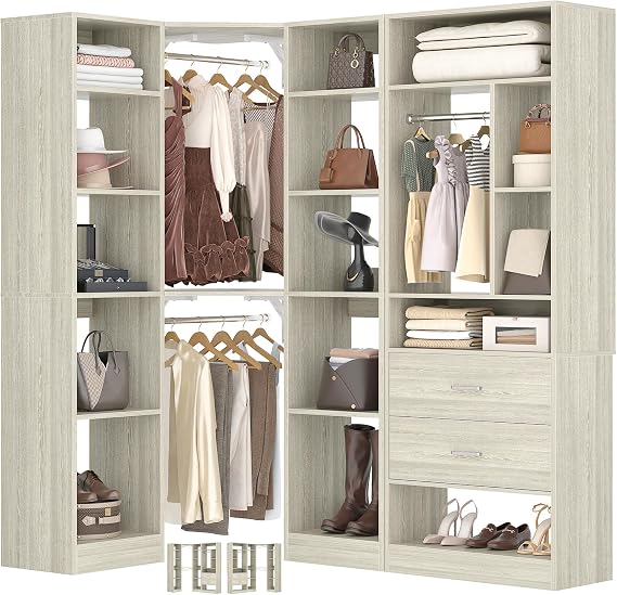 Besiost Corner Closet System with 2 Sets, 63.2" Corner Closet Organizer | Corner Closet Tower with 2 Drawers+18 Shelves+3 Hanging Rods, L Shaped Walk-in Closets, White Oak (63.2" L x 39.2" W x 80" H)