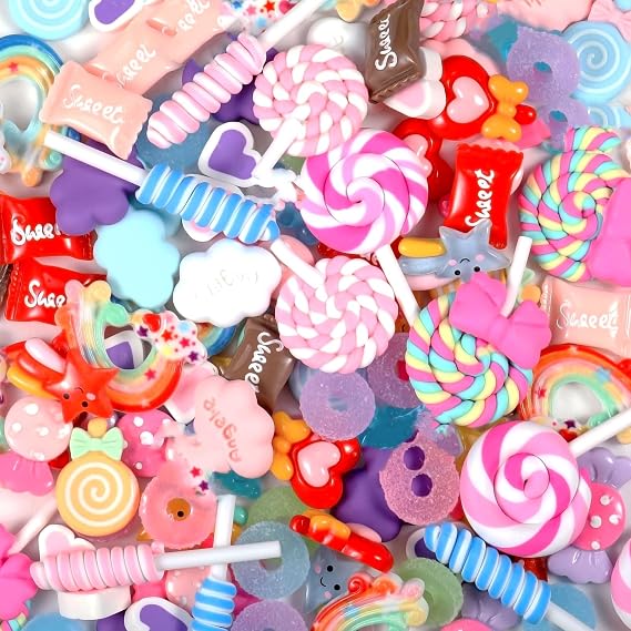 WILLBOND 120 Pieces Flatback Charms, Mixed Candy Sweets Resin Cabochons | Assorted Kawaii Candy Designs, Flat Base for Phone Cases Scrapbooks Hair Clips, Colorful Resin Ornaments for Decoration