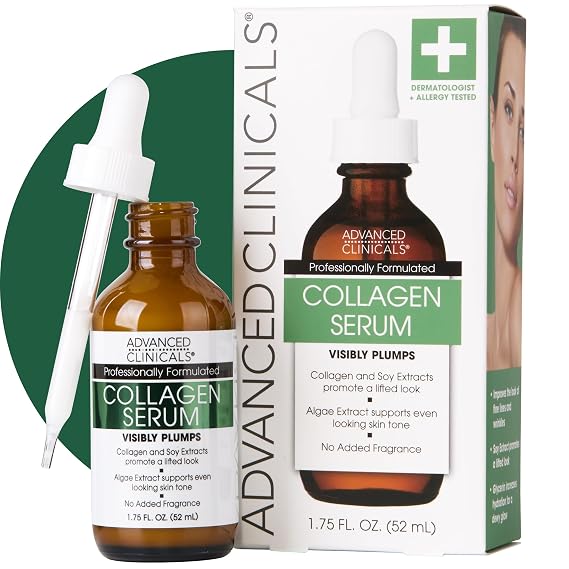 Advanced Clinicals Collagen Serum For Face | Visible Anti Aging Collagen Peptide Serum + Hyaluronic Acid Moisturizer Improves Look Of Wrinkles, Dry Skin, Fine Lines, No added Fragrance, 1.75 Fl Oz