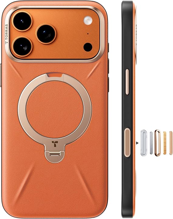 TORRAS Q3 VegSkin for iPhone 17 Pro Max Case Leather, 360 Spin Magnetic Stand, Fit for MagSafe, Camera Control, Shockproof Premium Organic Silicone Leather Case for iPhone 17 Pro Max, Burnt Orange