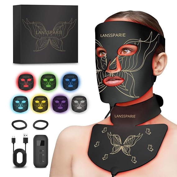 LED Light Therapy Mask, 7 Modes Soft Silicone Red Light Therapy Mask for Face and Neck, Red Light Face Mask with 5 Brightness Levels for Anti-Aging, Skincare at Home & Travel - E106A