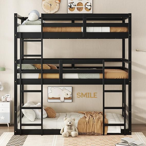 Stylish 3 Beds in 1 Bunk Bed with 2 Built-in Ladders and Guardrails, Triple Rubber Wood Bunk Bed Frame with Sturdy Slats Support for Adults Kids Teens, Detachable Triple Twin Bunk Bed (Black-89J)