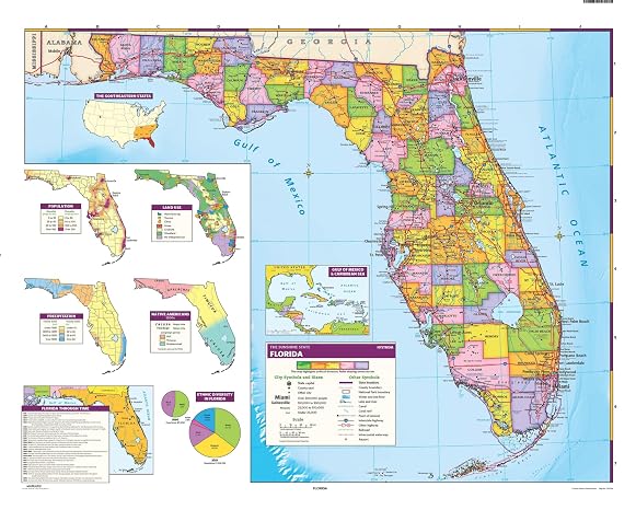 Nystrom Florida State Wall Map | 54" x 65" | Political Map | County Lines, Cities, Highways & Shaded Relief