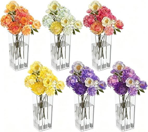 6 Packs Acrylic Bud Vases Square Flower Vases, 9.2 in Tall Clear Square Table Flowers Vase for Party, Home Decor, Wedding Decoration, Birthday, Anniversary
