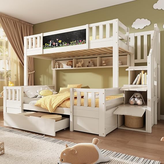 Su & Chan Legence Bunk Bed, Kids Bed with Drawers and Chalkboard, Wooden Bed Frame with Storage Stairs and Shelves, for Family with Multiple Children, No Mattress, 90x190 + 135x190cm, White