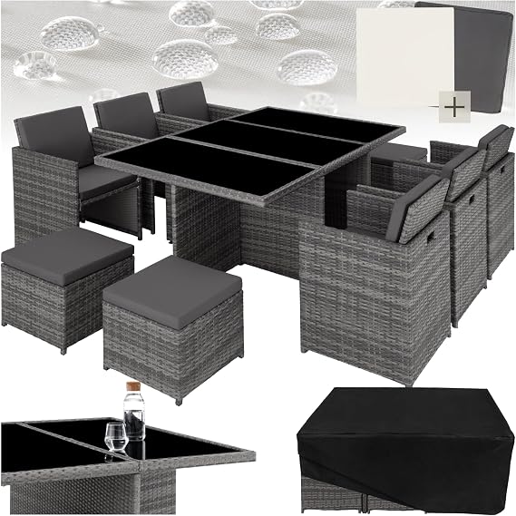 tectake® Polyrattan Garden Furniture Set Set with 6 Chairs + 1 Glass Top Table + 4 Stools Garden Lounge Set Foldable with Aluminium Frame for 10 People Balcony Furniture Includes 2 Cover Sets