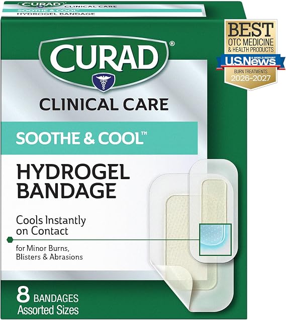 CURAD Soothe & Cool Clear Waterproof Hydrogel Bandages, Assorted Sizes | 8 Count, Sterile Wound Dressings, Cooling Burn & Blister Bandages, Transparent Waterproof Protection, Fast Healing Skin Care