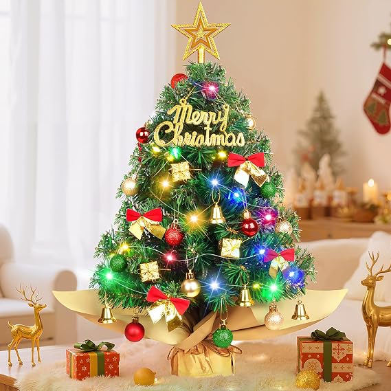 SeasonBliss 24 Inch Table Top Mini Christmas Tree Set, Christmas Table Decor with Warm-White LED Lights, Star Topper, Gift Boxes Ornaments & Hanging Ornaments, Small Christmas Tree with Lights