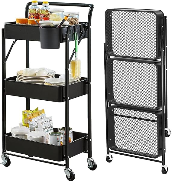 Foldable Rolling Cart 3 Tier Utility Storage Cart No Assembly Metal Heavy Duty Kitchen Carts Folding on Wheels Trolley Organizer Cart with Cup and Hooks for Office/Classroom/Dorm(Black)
