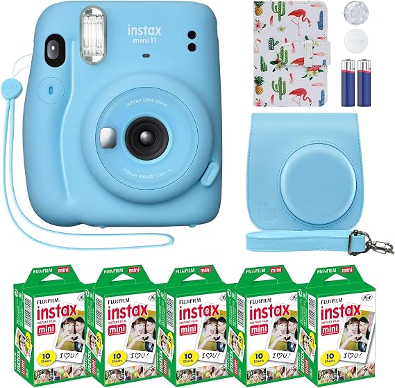 Fujifilm Instax Mini 11 Instant Camera Sky Blue + Custom Case Fuji Film Value Pack (50 Sheets) Flamingo Designer Photo Album for instax Photos