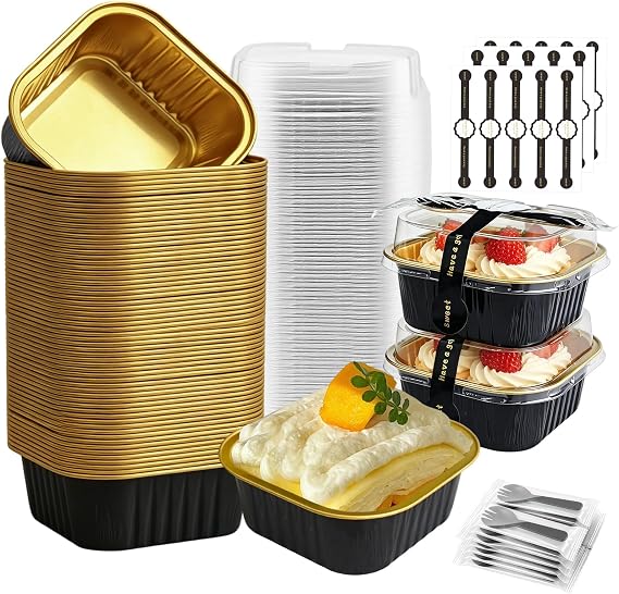 Mini Cake Pans With Lids And Spoons 10 oz 50 Pack Individual Small Cake Aluminum Foil Pans Disposable Square Mini Brownie Baking Cupcake Liners Muffin Tin tins (Black, 10oz)