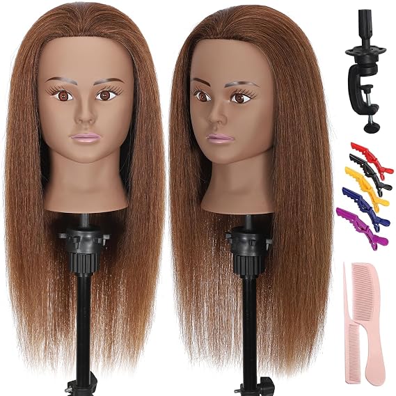 Mannequin Head with 100% Real Hair Straight Hair 18" Doll Head Brown Skin Practice Braiding Training Head Styling Cosmetology Manikin for Hairdresser (Brown#)